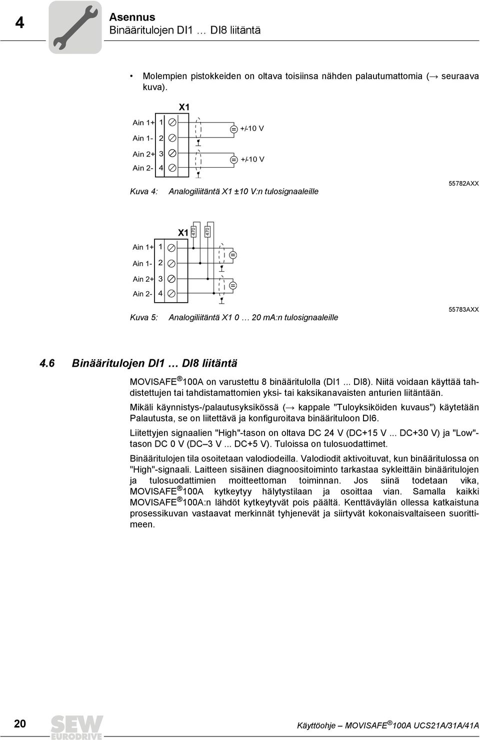 ma:n tulosignaaleille 55783AXX 4.6 Binääritulojen DI1 DI8 liitäntä MOVISAFE 100A on varustettu 8 binääritulolla (DI1... DI8).
