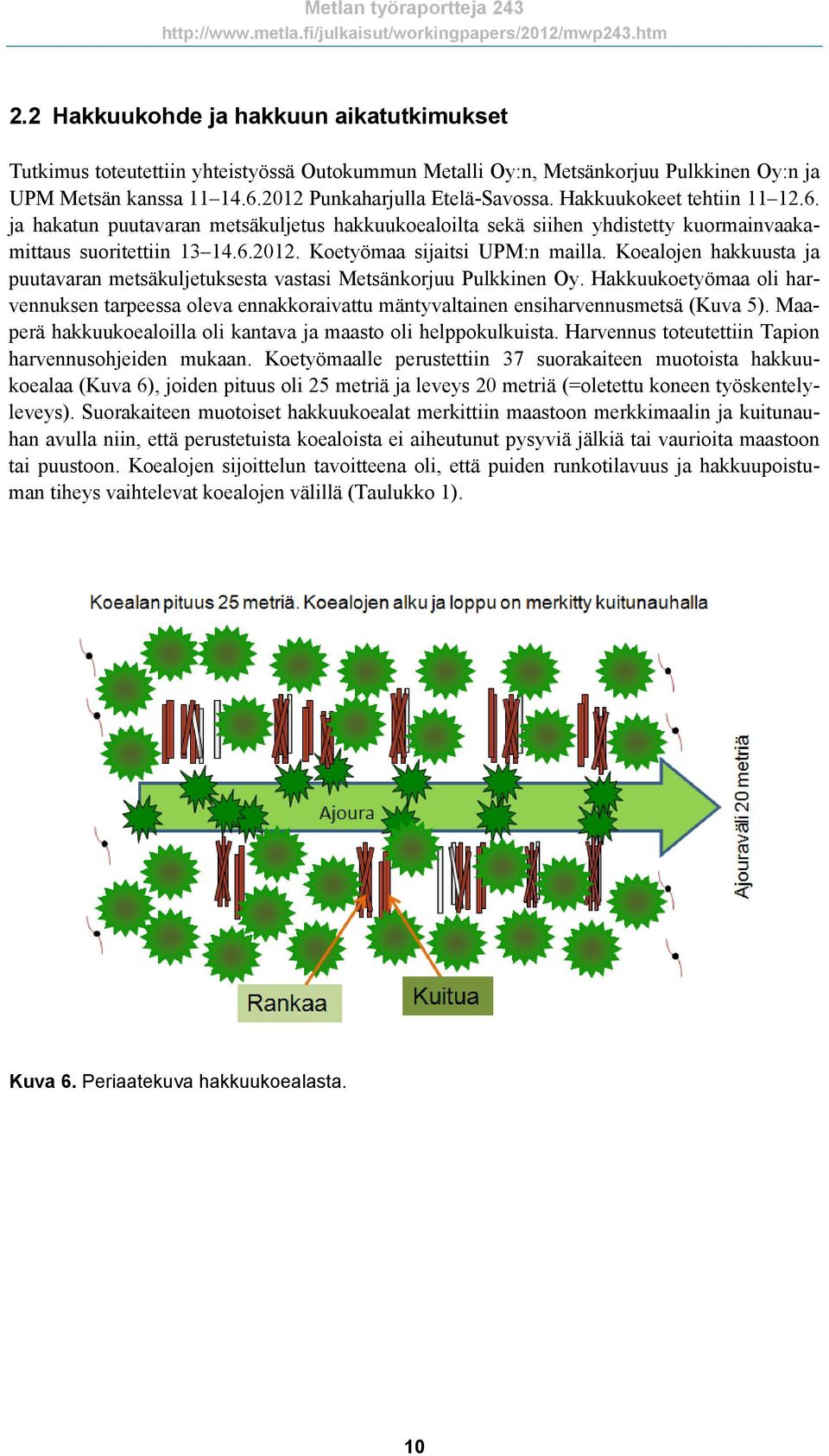 Koealojen hakkuusta ja puutavaran metsäkuljetuksesta vastasi Metsänkorjuu Pulkkinen Oy. Hakkuukoetyömaa oli harvennuksen tarpeessa oleva ennakkoraivattu mäntyvaltainen ensiharvennusmetsä (Kuva 5).