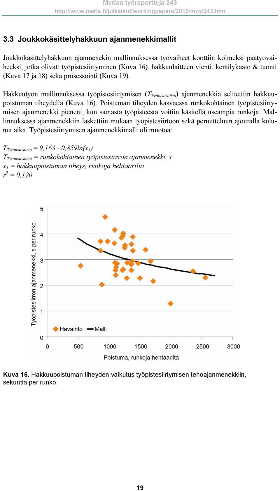 Hakkuutyön mallinnuksessa työpistesiirtymisen (T Työpistesiirto ) ajanmenekkiä selitettiin hakkuupoistuman tiheydellä (Kuva 16).