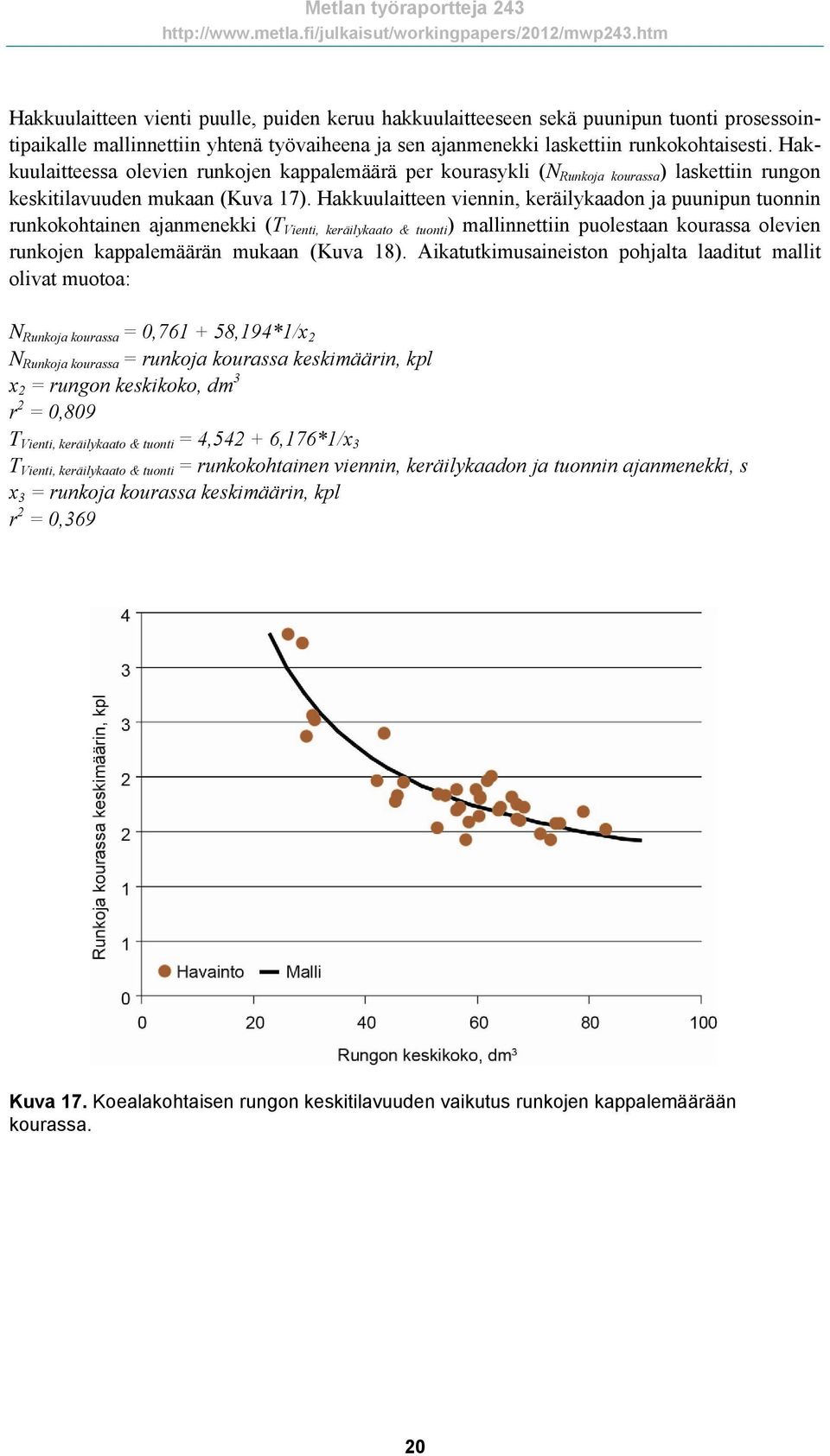 Hakkuulaitteen viennin, keräilykaadon ja puunipun tuonnin runkokohtainen ajanmenekki (T Vienti, keräilykaato & tuonti ) mallinnettiin puolestaan kourassa olevien runkojen kappalemäärän mukaan (Kuva