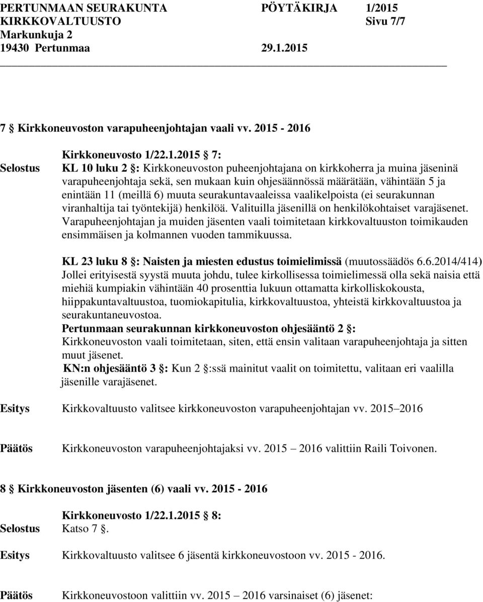 11 (meillä 6) muuta seurakuntavaaleissa vaalikelpoista (ei seurakunnan viranhaltija tai työntekijä) henkilöä. Valituilla illä on henkilökohtaiset varaet.