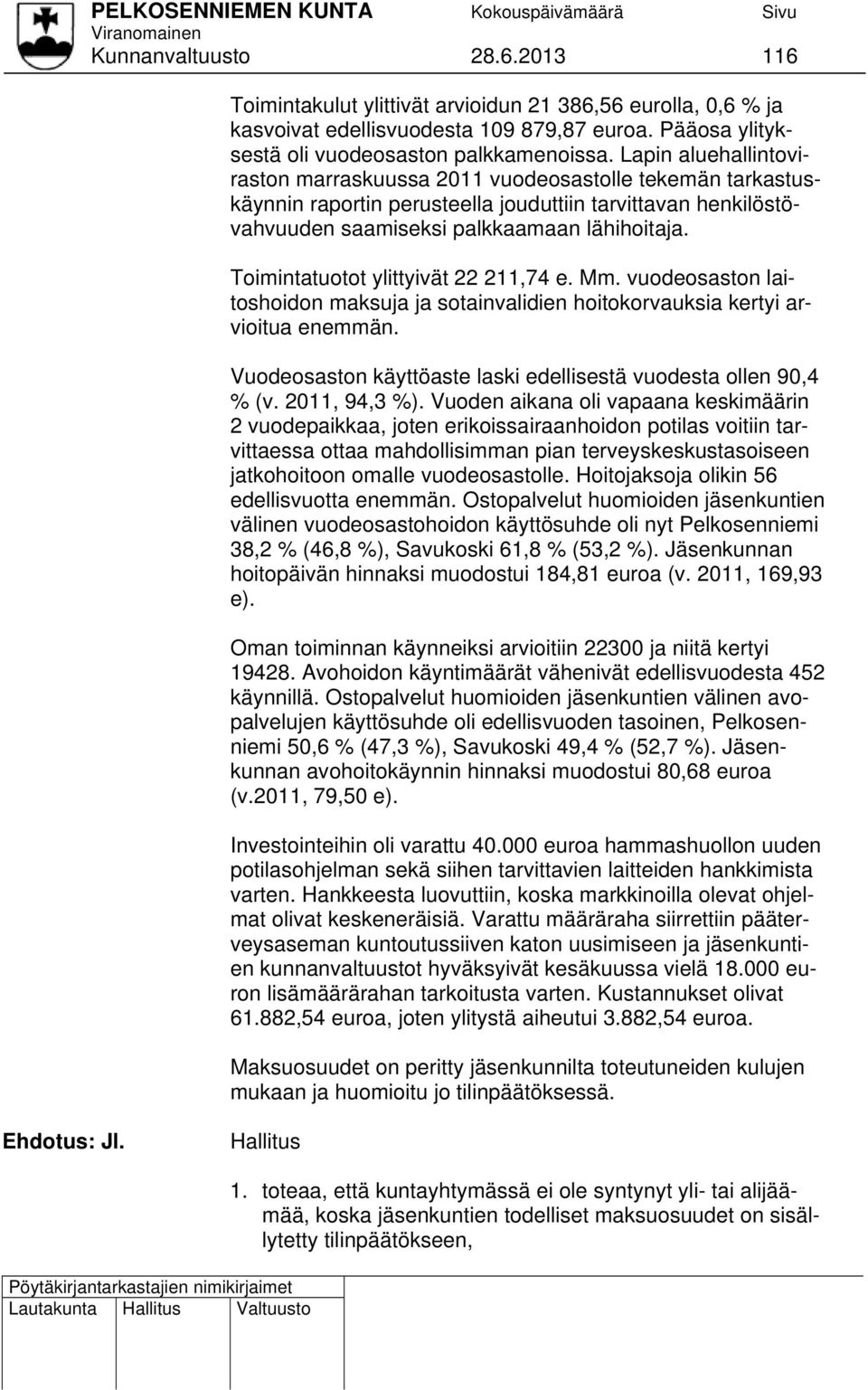 Toimintatuotot ylittyivät 22 211,74 e. Mm. vuodeosaston laitoshoidon maksuja ja sotainvalidien hoitokorvauksia kertyi arvioitua enemmän.