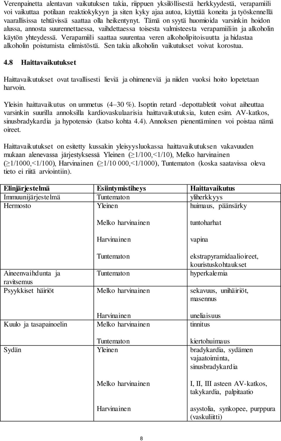 Tämä on syytä huomioida varsinkin hoidon alussa, annosta suurennettaessa, vaihdettaessa toisesta valmisteesta verapamiiliin ja alkoholin käytön yhteydessä.