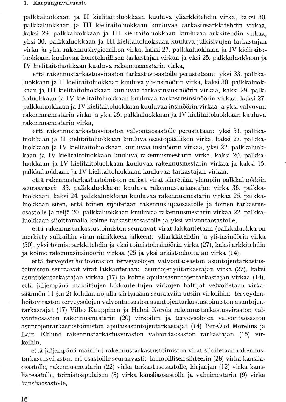 palkkaluokkaan ja III kielitaitoluokkaan kuuluva julkisivujen tarkastajan virka ja yksi rakennushygieenikon virka, kaksi 27.