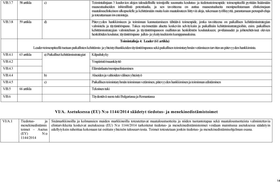 ja sen tavoitteena on auttaa maaseutualueita monipuolistamaan elinkeinojaan maatalouselinkeinon ulkopuolelle ja kehittämään muita kuin maatalouteen liittyviä aloja, tukemaan työllisyyttä, parantamaan