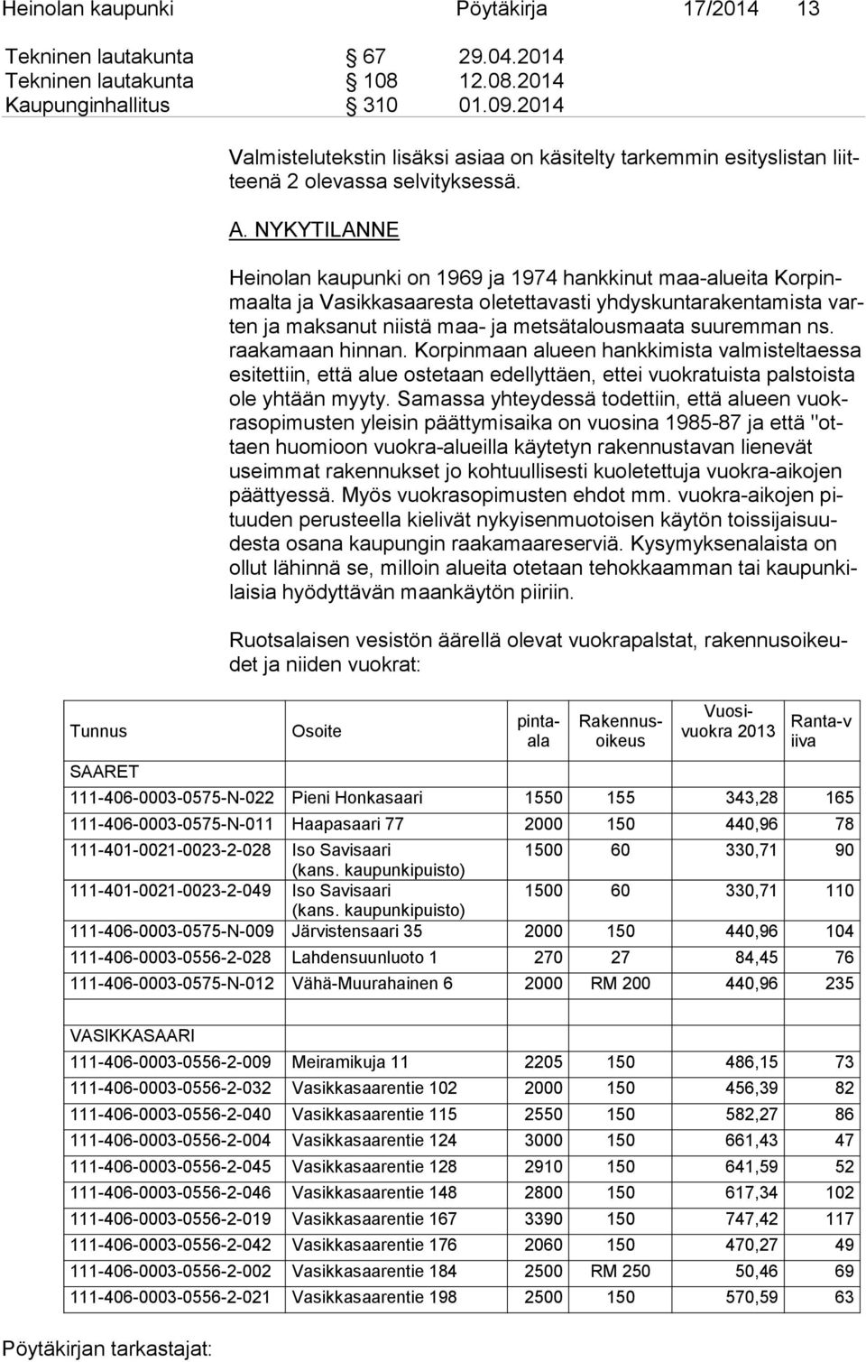 NYKYTILANNE Heinolan kaupunki on 1969 ja 1974 hankkinut maa-alueita Kor pinmaal ta ja Vasikkasaaresta oletettavasti yh dys kun ta ra ken ta mis ta varten ja maksanut niistä maa- ja met sä ta lous maa