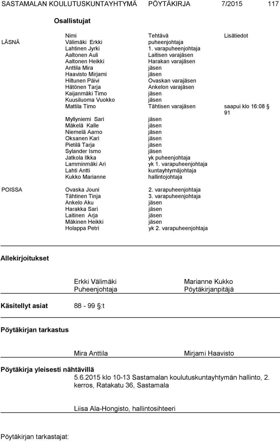 Mattila Timo Tähtisen vara saapui klo 16:08 91 Myllyniemi Sari Mäkelä Kalle Niemelä Aarno Oksanen Kari Pietilä Tarja Sylander Ismo Jatkola Ilkka yk puheenjohtaja Lamminmäki Ari yk 1.