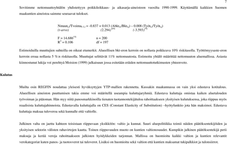 106 df = 197 Estimoiduilla muuttujien suhteilla on oikeat etumerkit. Alueellisen bkt-eron kerroin on nollasta poikkeava 10% riskitasolla. Työttömyysaste-eron kerroin eroaa nollasta 5 %:n riskitasolla.