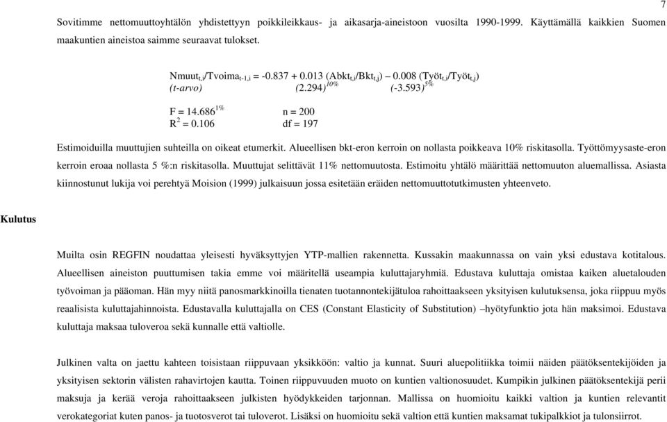 106 df = 197 Estimoiduilla muuttujien suhteilla on oikeat etumerkit. Alueellisen bkt-eron kerroin on nollasta poikkeava 10% riskitasolla. Työttömyysaste-eron kerroin eroaa nollasta 5 %:n riskitasolla.