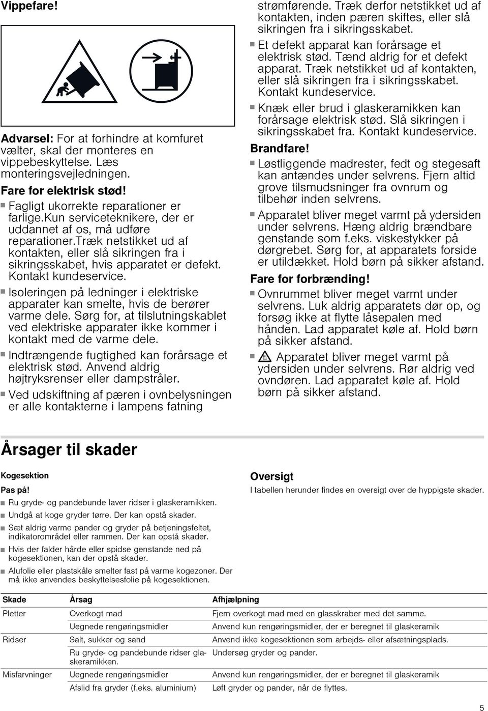 Fare for elektrisk stød! Isoleringen på ledninger i elektriske apparater kan smelte, hvis de berører varme dele.