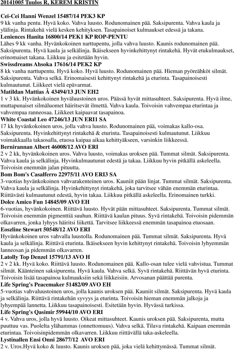 Kaunis rodunomainen pää. Saksipurenta. Hyvä kaula ja selkälinja. Ikäisekseen hyvinkehittynyt rintakehä. Hyvät etukulmaukset, erinomaiset takana. Liikkuu ja esitetään hyvin.