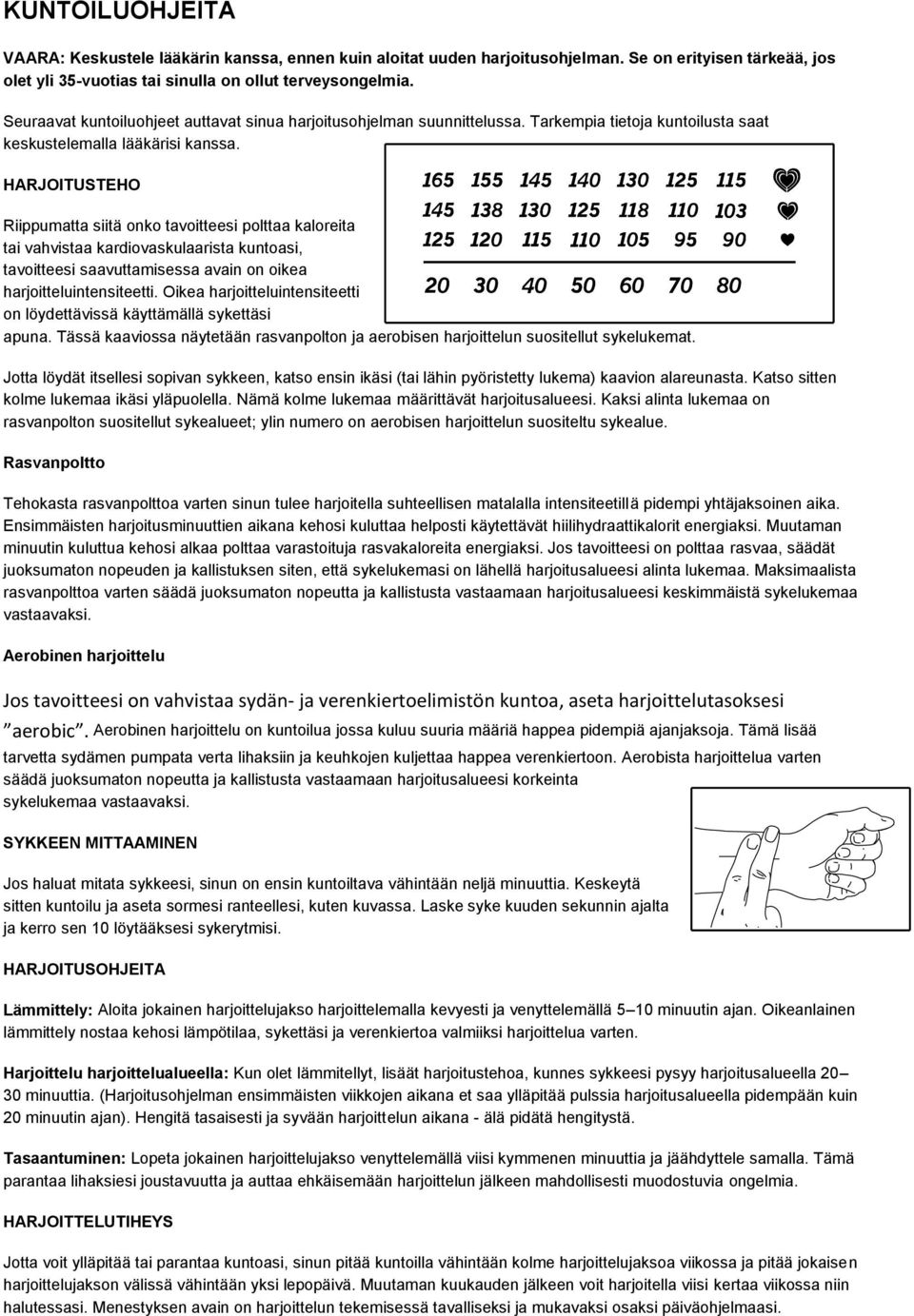 HARJOITUSTEHO Riippumatta siitä onko tavoitteesi polttaa kaloreita tai vahvistaa kardiovaskulaarista kuntoasi, tavoitteesi saavuttamisessa avain on oikea harjoitteluintensiteetti.