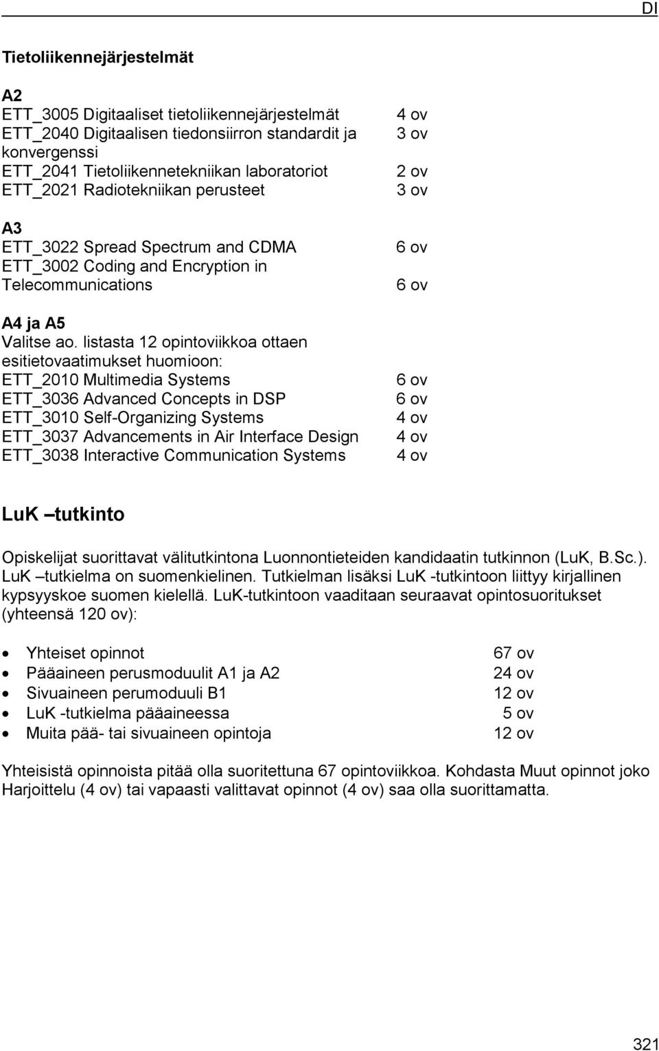 listasta 12 opintoviikkoa ottaen esitietovaatimukset huomioon: ETT_2010 Multimedia Systems ETT_3036 Advanced Concepts in DSP ETT_3010 Self-Organizing Systems ETT_3037 Advancements in Air Interface