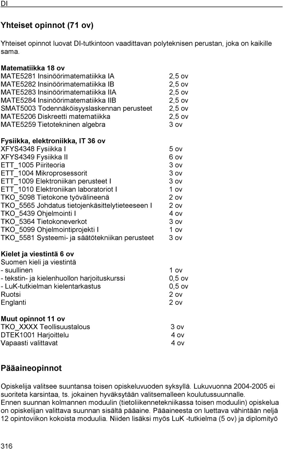 MATE5206 Diskreetti matematiikka MATE5259 Tietotekninen algebra Fysiikka, elektroniikka, IT 36 ov XFYS4348 Fysiikka I XFYS4349 Fysiikka II ETT_1005 Piiriteoria ETT_1004 Mikroprosessorit ETT_1009