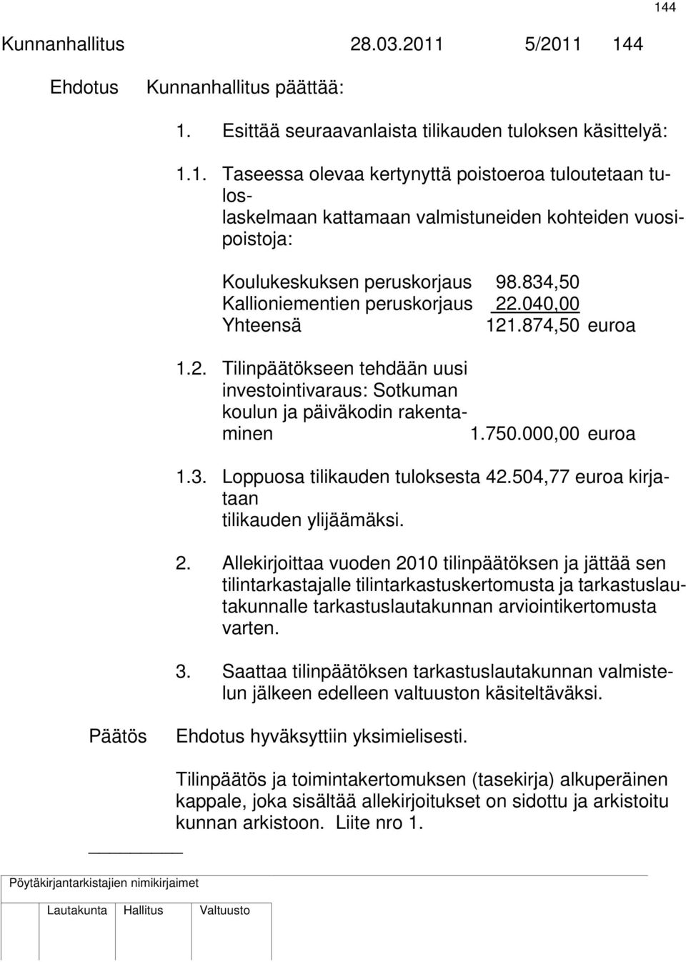 504,77 euroa kirjataan tilikauden ylijäämäksi. 2.