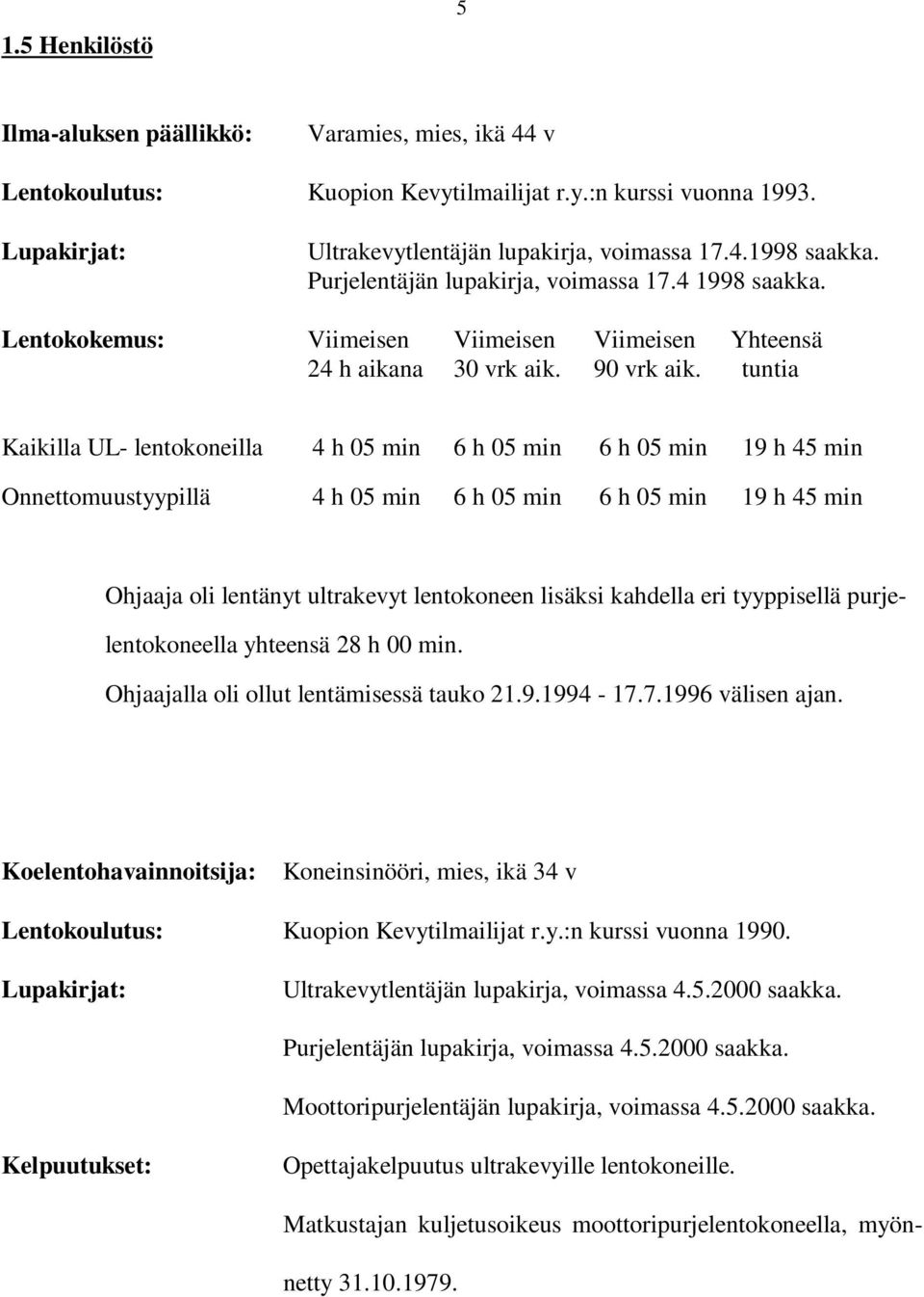 tuntia Kaikilla UL- lentokoneilla 4 h 05 min 6 h 05 min 6 h 05 min 19 h 45 min Onnettomuustyypillä 4 h 05 min 6 h 05 min 6 h 05 min 19 h 45 min Ohjaaja oli lentänyt ultrakevyt lentokoneen lisäksi