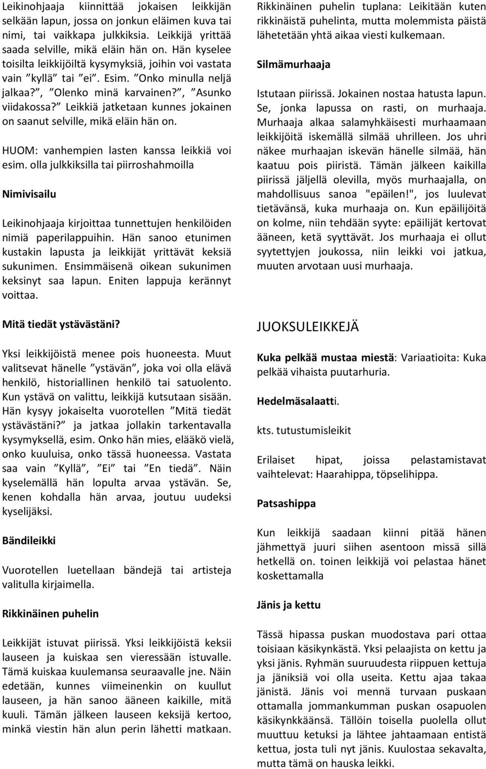 Leikkiä jatketaan kunnes jokainen on saanut selville, mikä eläin hän on. HUOM: vanhempien lasten kanssa leikkiä voi esim.