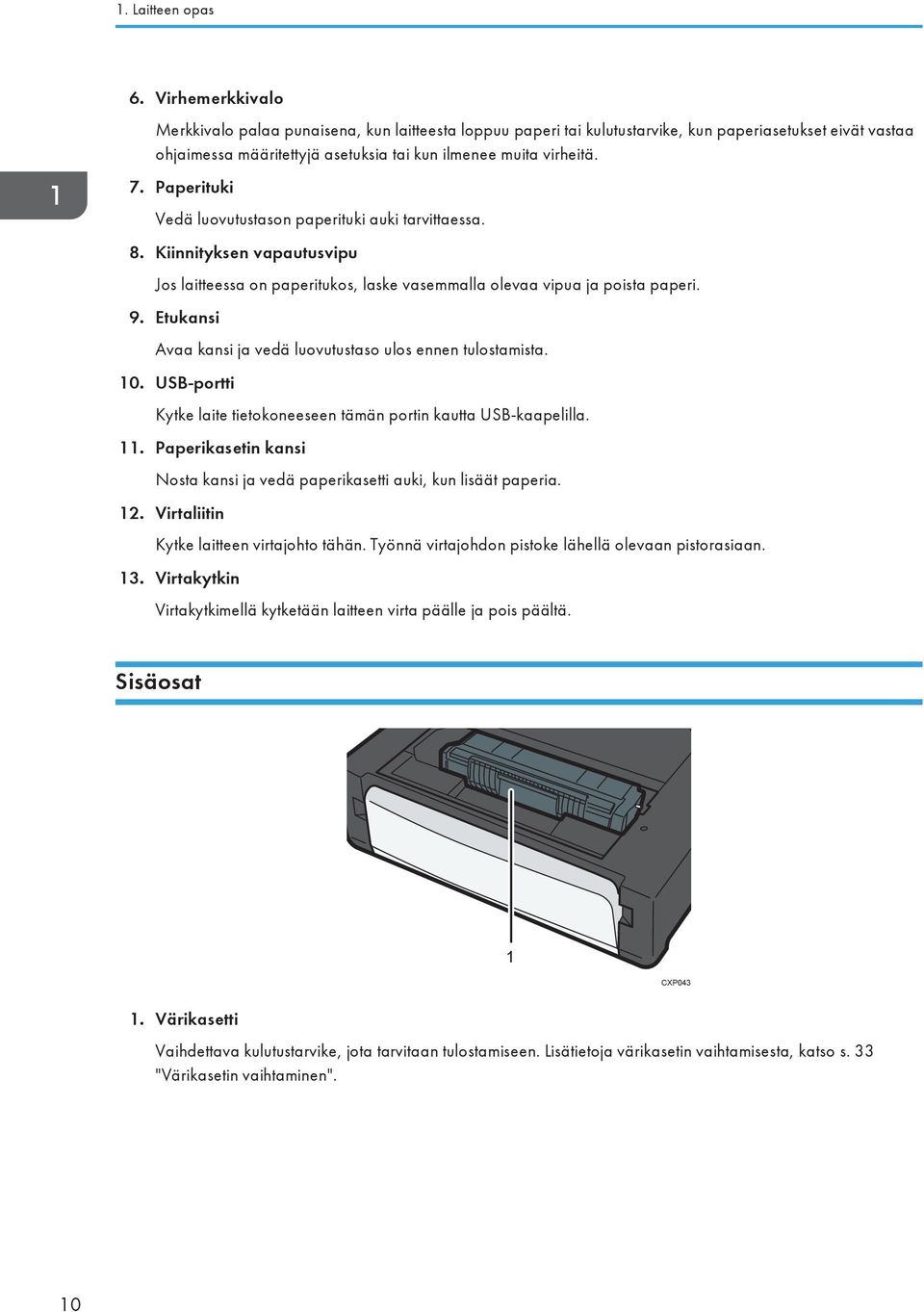 Paperituki Vedä luovutustason paperituki auki tarvittaessa. 8. Kiinnityksen vapautusvipu Jos laitteessa on paperitukos, laske vasemmalla olevaa vipua ja poista paperi. 9.