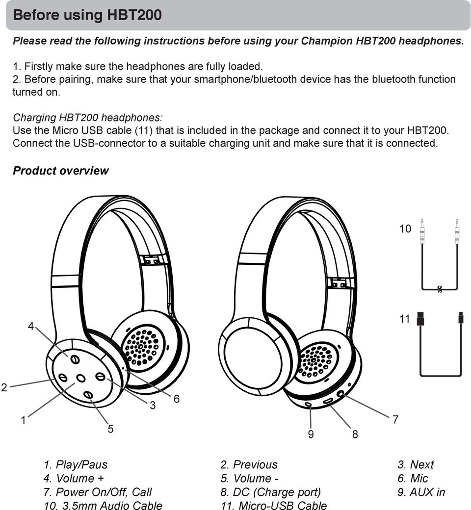 Charging HBT200 headphones: Use the Micro USB cable (11) that is included in the package and connect it to your HBT200.