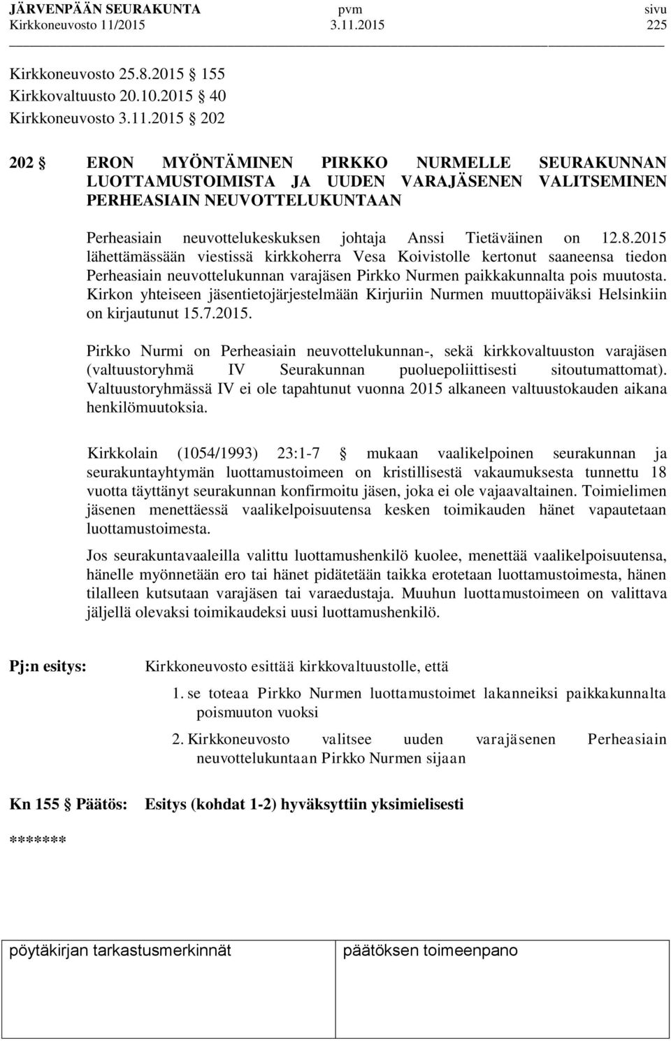 2015 225 Kirkkoneuvosto 25.8.2015 155 Kirkkovaltuusto 20.10.2015 40 Kirkkoneuvosto 3.11.