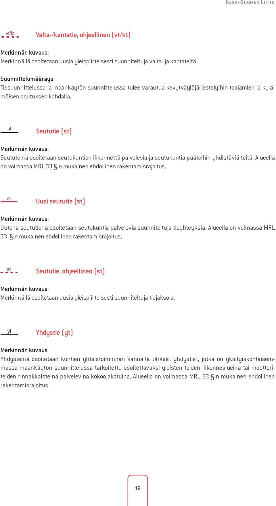 st Seututie (st) Seututeinä osoitetaan seutukuntien liikennettä palvelevia ja seutukuntia pääteihin yhdistäviä teitä. Alueella on voimassa MRL 33 :n mukainen ehdollinen rakentamisrajoitus.