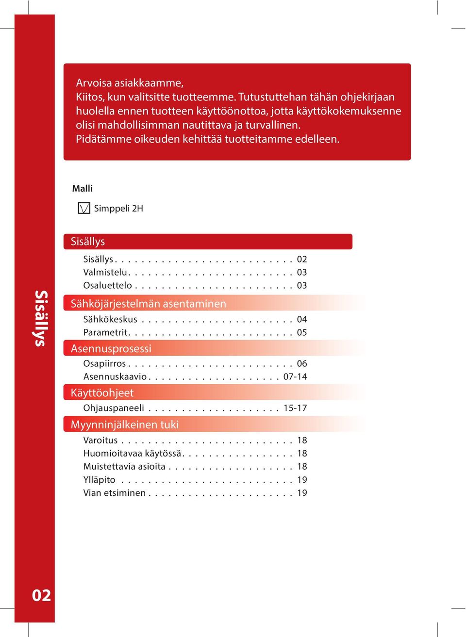 ....................... 03 Sähköjärjestelmän asentaminen Sähkökeskus....................... 04 Parametrit......................... 05 Asennusprosessi Osapiirros......................... 06 Asennuskaavio.