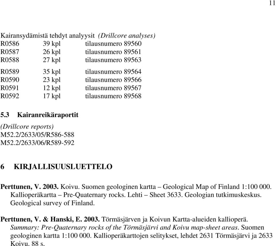 2/2633/06/R589-592 6 KIRJALLISUUSLUETTELO Perttunen, V. 2003. Koivu. Suomen geologinen kartta Geological Map of Finland 1:100 000. Kallioperäkartta Pre-Quaternary rocks. Lehti Sheet 3633.
