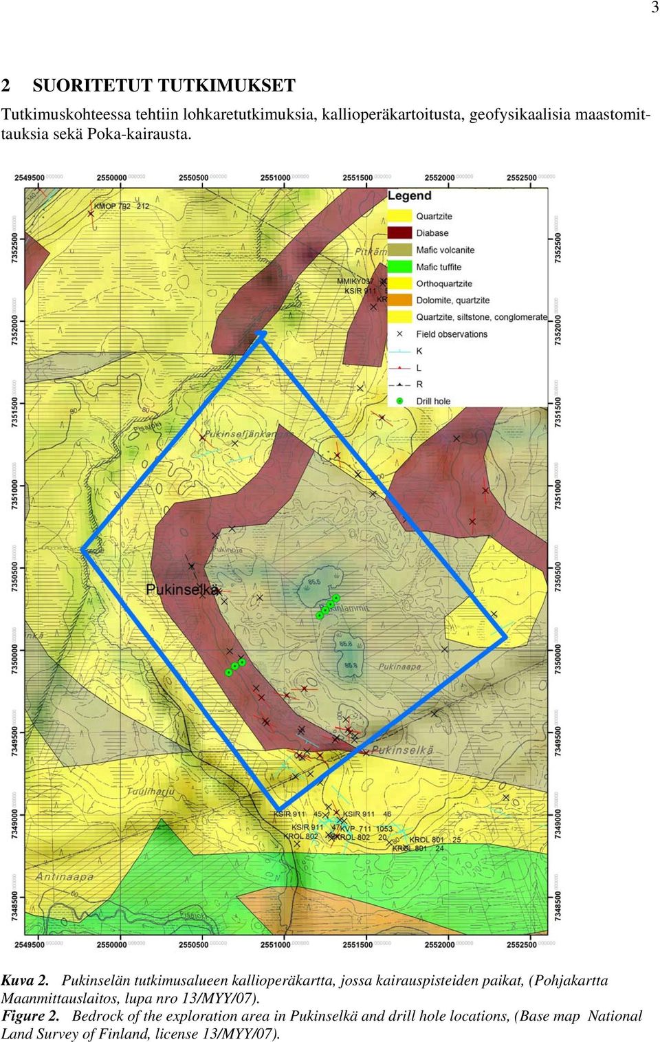 Pukinselän tutkimusalueen kallioperäkartta, jossa kairauspisteiden paikat, (Pohjakartta Maanmittauslaitos,