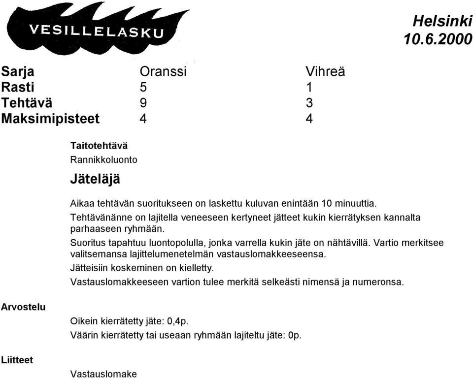 Suoritus tapahtuu luontopolulla, jonka varrella kukin jäte on nähtävillä. Vartio merkitsee valitsemansa lajittelumenetelmän vastauslomakkeeseensa.