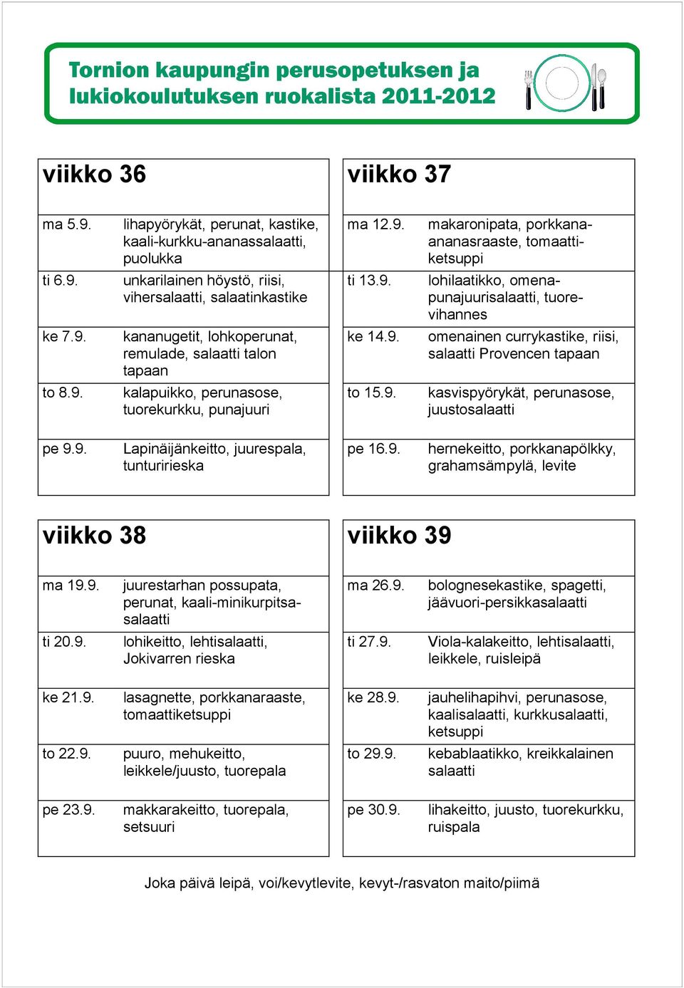 9. perunat, kaali-minikurpitsa ma 26.9. jäävuori-persikka ti 20.9. lohikeitto, lehti, ti 27.9. Viola-kalakeitto, lehti, ke 21.9. ke 28.9. kaali, kurkku, to 22.9. puuro, mehukeitto, leikkele/juusto, tuorepala to 29.