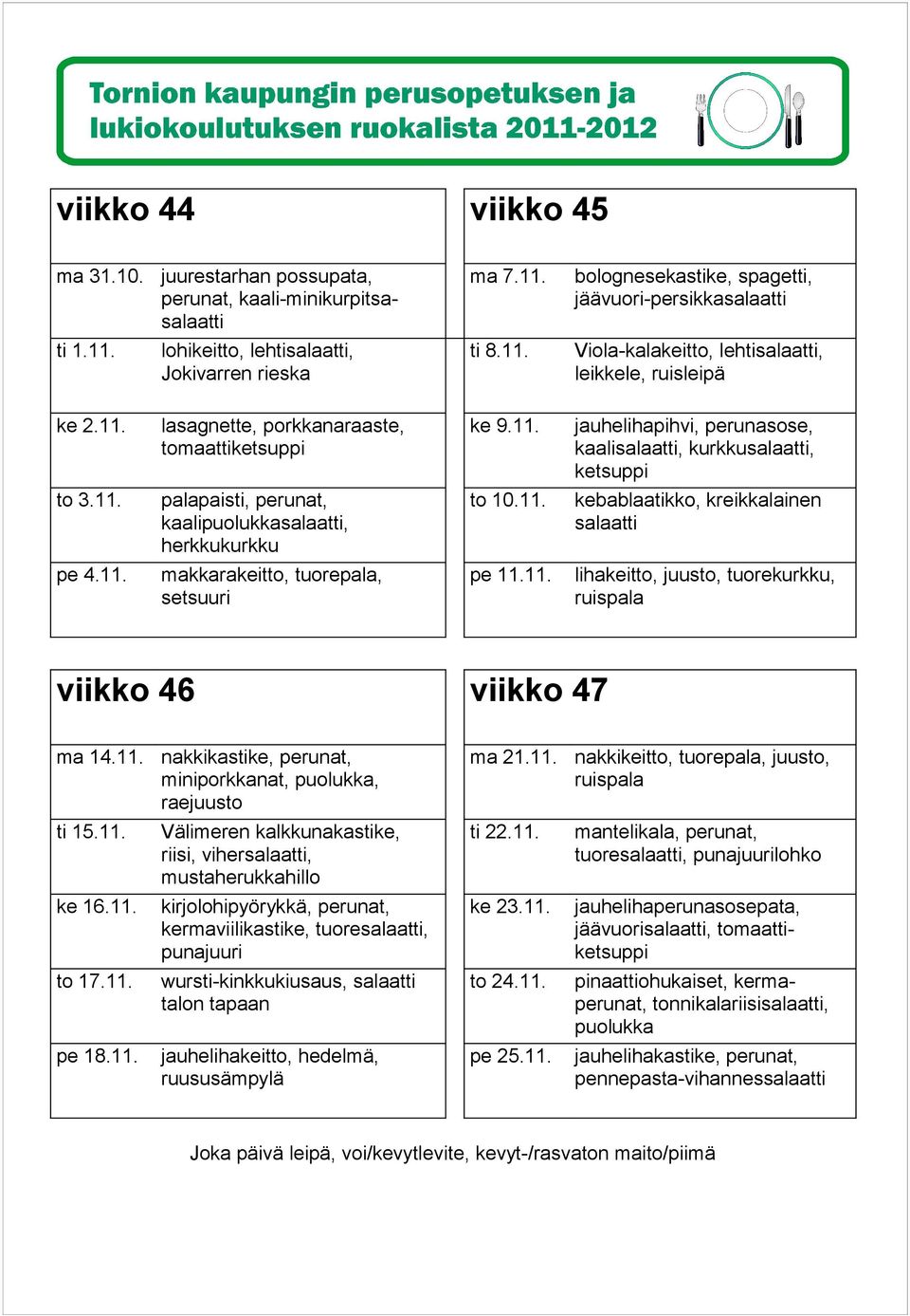 11. ti 15.11. Välimeren kalkkunakastike, riisi, viher, mustaherukkahillo ti 22.11. tuore, lohko ke 16.11. kirjolohipyörykkä, perunat, kermaviilikastike, tuore, ke 23.