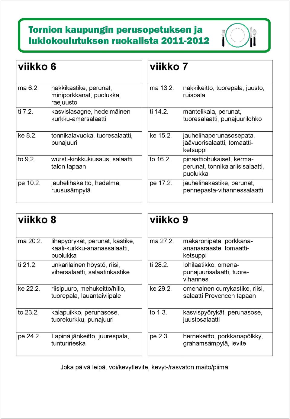 2. viher, salaatinkastike ti 28.2. lohilaatikko, omena, ke 22.2. riisipuuro, mehukeitto/hillo, tuorepala, lauantaiviipale ke 29.2. Provencen tapaan to 23.2. kalapuikko, perunasose, tuorekurkku, to 1.