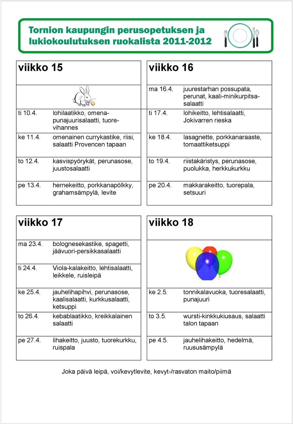 4. jäävuori-persikka ti 24.4. Viola-kalakeitto, lehti, ke 25.4. kaali, kurkku, ke 2.5. tonnikalavuoka, tuore, to 26.