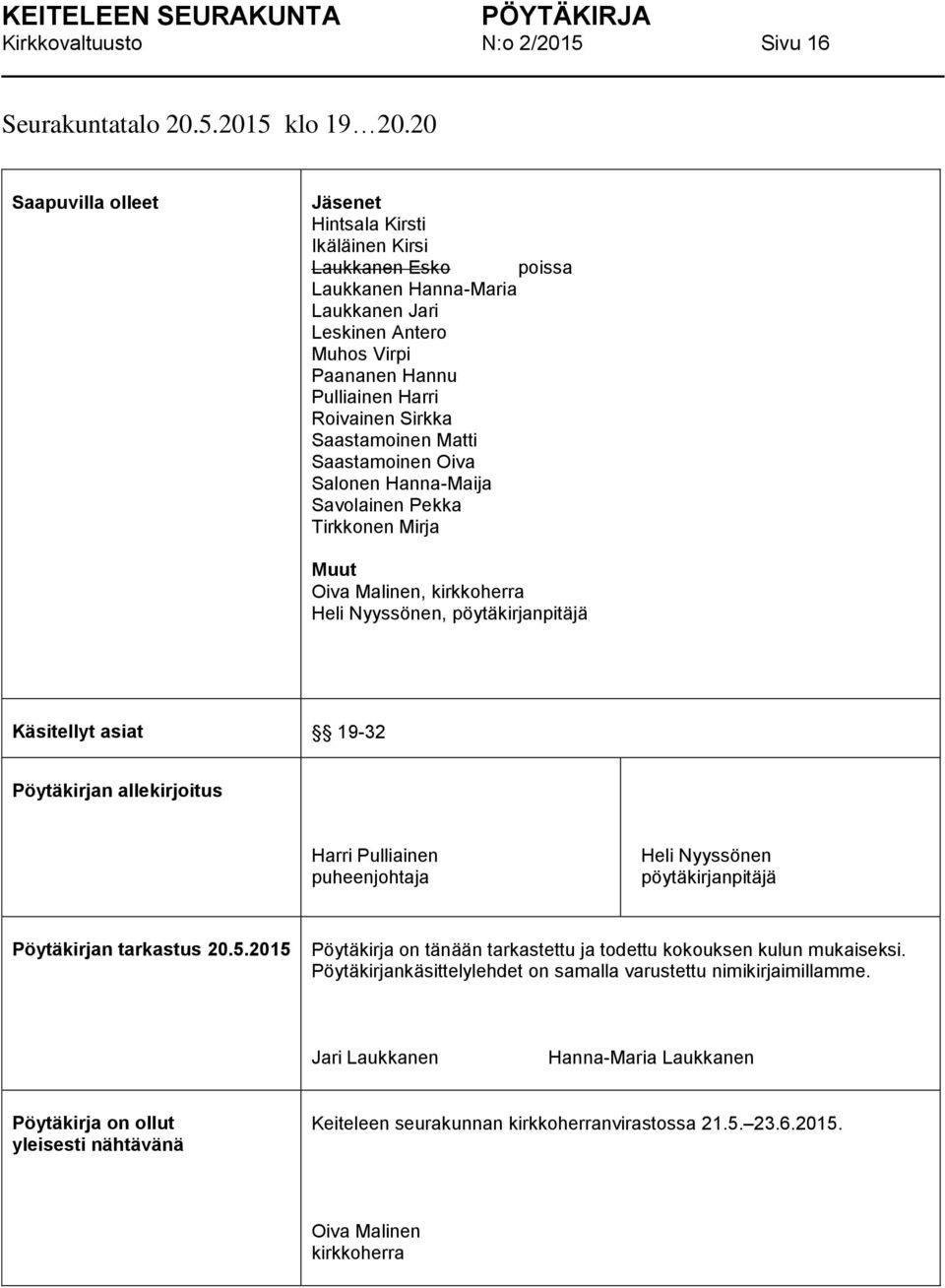Saastamoinen Matti Saastamoinen Oiva Salonen Hanna-Maija Savolainen Pekka Tirkkonen Mirja Muut Oiva Malinen, kirkkoherra Heli Nyyssönen, pöytäkirjanpitäjä Käsitellyt asiat 19-32 Pöytäkirjan