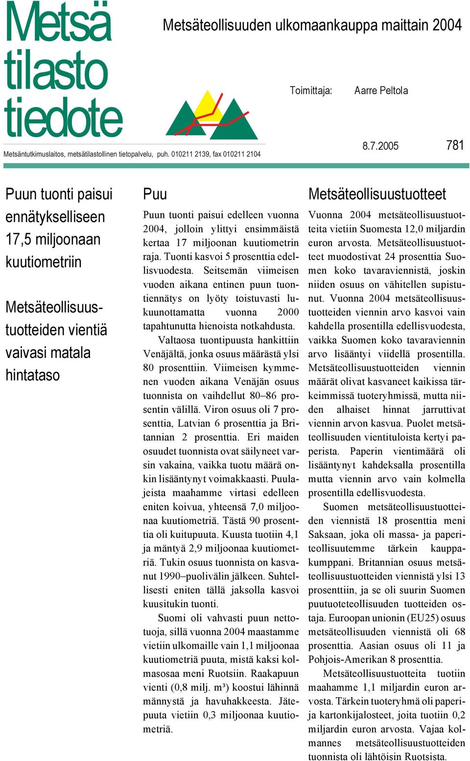 ensimmäistä kertaa 17 miljoonan kuutiometrin raja. Tuonti kasvoi 5 prosenttia edellisvuodesta.