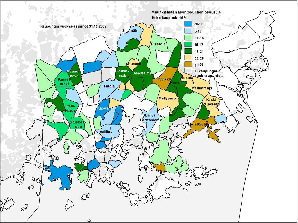 asuntokuntien osuus, % Koko kaupunki 16 % Puistola alle 6 6-1 11-14 15-17 18-21 22-26 yli