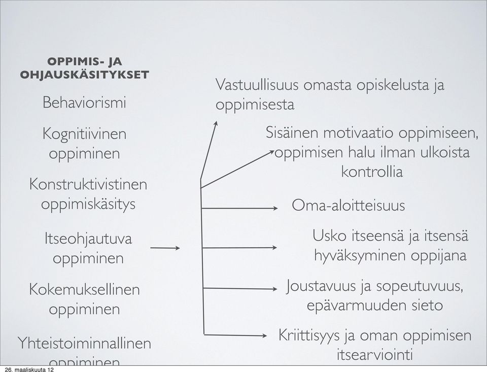 oppimisesta Sisäinen motivaatio oppimiseen, oppimisen halu ilman ulkoista kontrollia Oma-aloitteisuus Usko