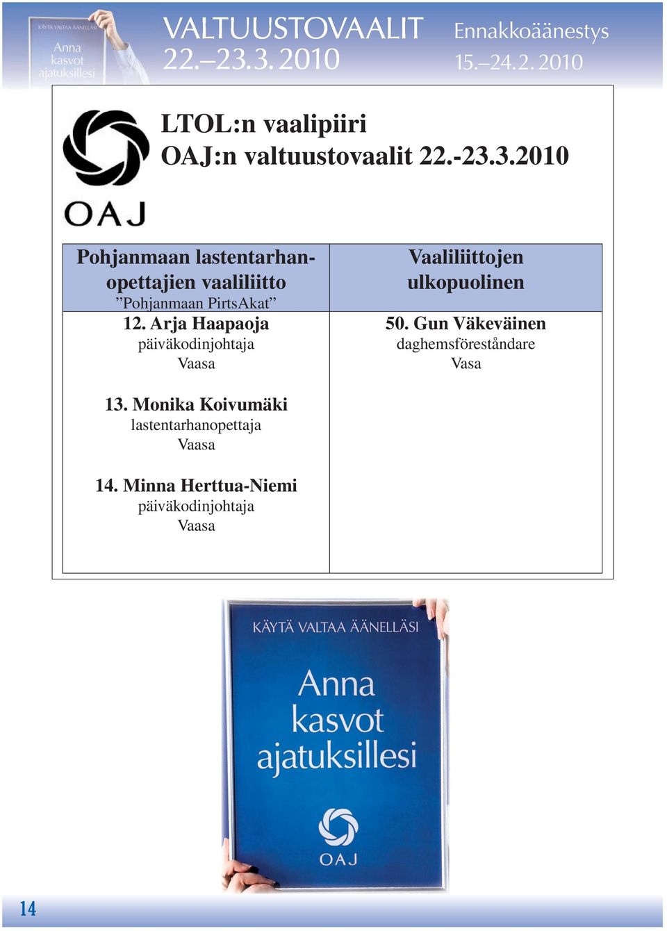 Arja Haapaoja päiväkodinjohtaja Vaasa Vaaliliittojen ulkopuolinen 50.