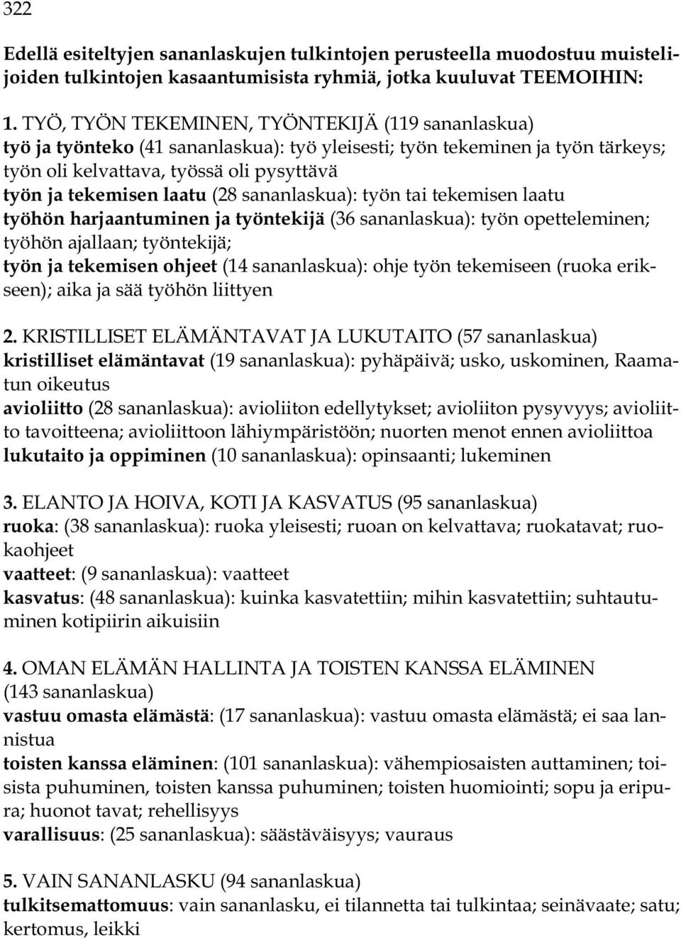 (28 sananlaskua): työn tai tekemisen laatu työhön harjaantuminen ja työntekijä (36 sananlaskua): työn opetteleminen; työhön ajallaan; työntekijä; työn ja tekemisen ohjeet (14 sananlaskua): ohje työn