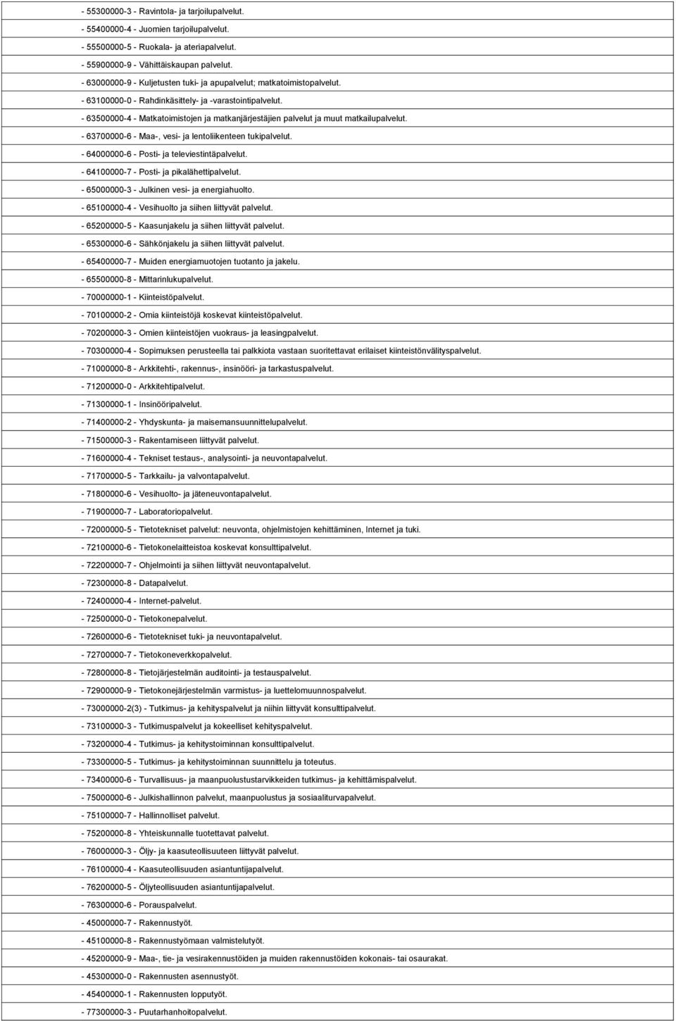 1,808,560-63500000-4 - Matkatoimistojen ja matkanjärjestäjien palvelut ja muut matkailupalvelut. 1,808,561-63700000-6 - Maa-, vesi- ja lentoliikenteen tukipalvelut.