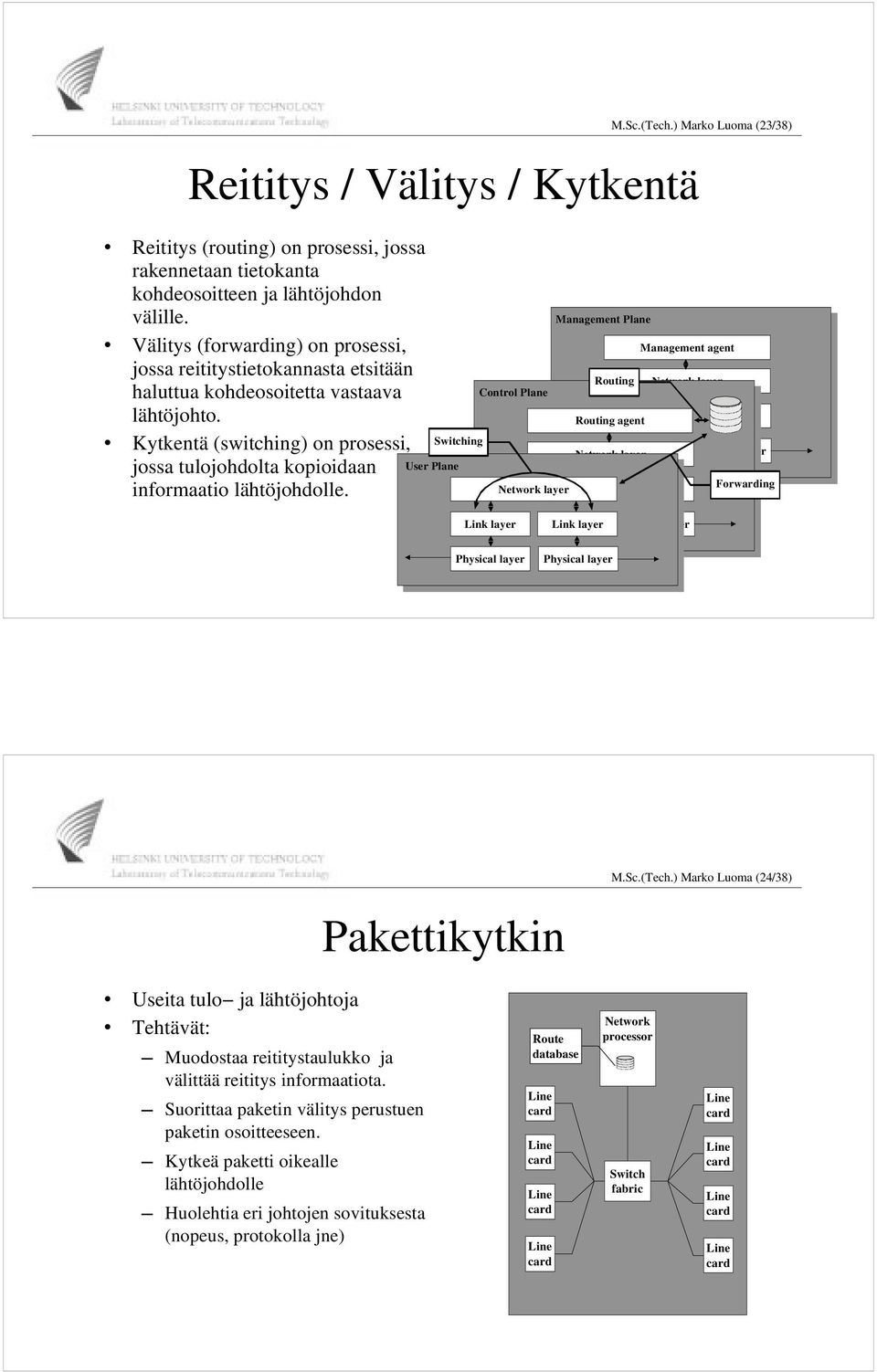 Kytkentä (switching) on prosessi, jossa tulojohdolta kopioidaan informaatio lähtöjohdolle. Switching User Plane Control Plane Network Link layer layer Management Plane M.Sc.(Tech.