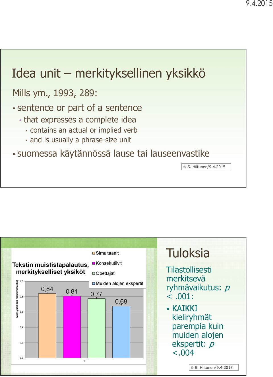 phrase-size unit suomessa käytännössä lause tai lauseenvastike Tekstin muististapalautus, merkitykselliset yksiköt Merk.