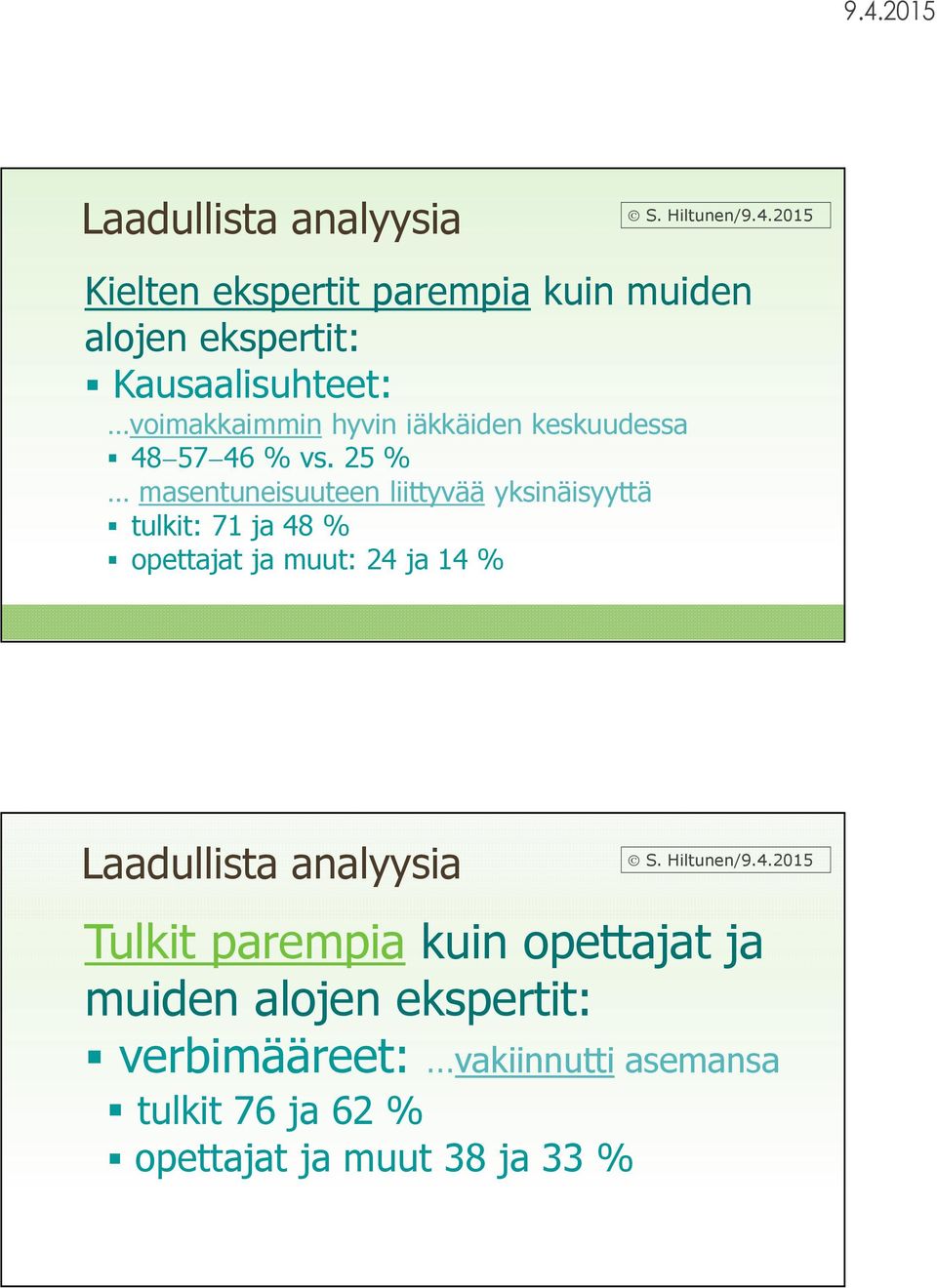 25 % masentuneisuuteen liittyvää yksinäisyyttä tulkit: 71 ja 48 % opettajat ja muut: 24 ja 14 %