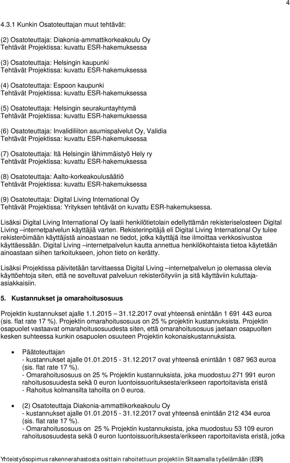 kuvattu ESR-hakemuksessa (4) Osatoteuttaja: Espoon kaupunki Tehtävät Projektissa: kuvattu ESR-hakemuksessa (5) Osatoteuttaja: Helsingin seurakuntayhtymä Tehtävät Projektissa: kuvattu ESR-hakemuksessa