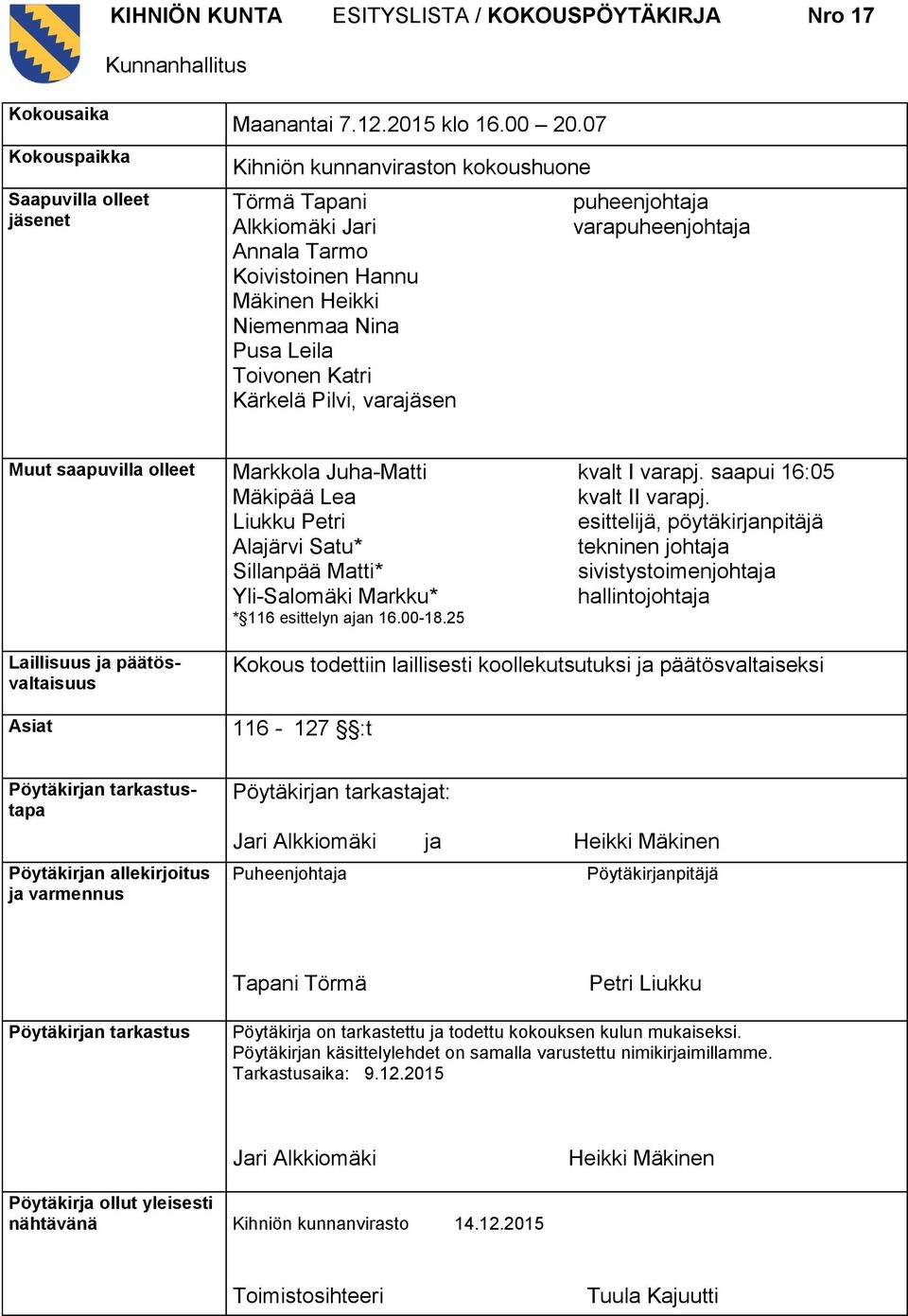 varapuheenjohtaja Muut saapuvilla olleet Markkola Juha-Matti Mäkipää Lea Liukku Petri Alajärvi Satu* Sillanpää Matti* Yli-Salomäki Markku* * 116 esittelyn ajan 16.00-18.25 kvalt I varapj.