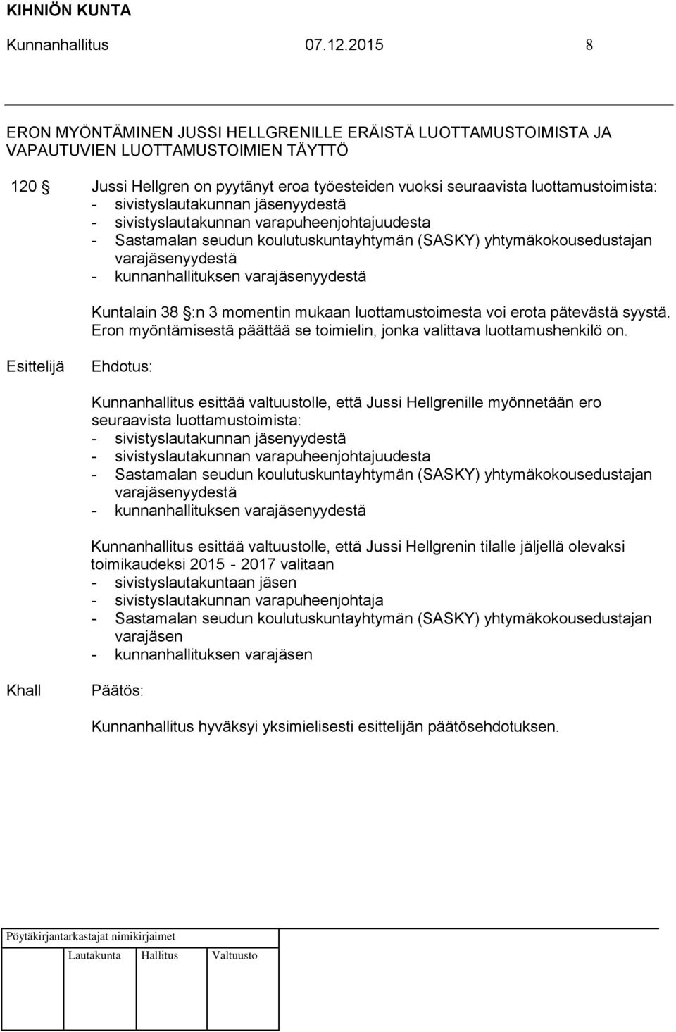 sivistyslautakunnan jäsenyydestä - sivistyslautakunnan varapuheenjohtajuudesta - Sastamalan seudun koulutuskuntayhtymän (SASKY) yhtymäkokousedustajan varajäsenyydestä - kunnanhallituksen