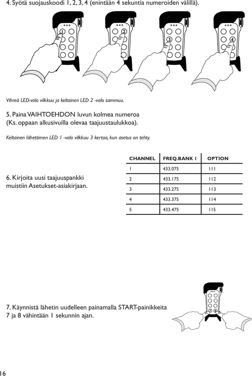 Keltainen lähettimen LED 1 -valo vilkkuu kertaa, kun asetus on tehty. CHANNEL FREQ.BANK 1 OPTION 6.