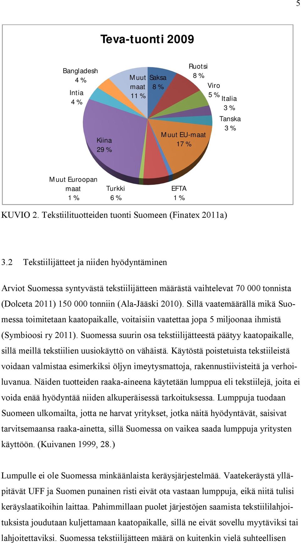 2 Tekstiilijätteet ja niiden hyödyntäminen Arviot Suomessa syntyvästä tekstiilijätteen määrästä vaihtelevat 70 000 tonnista (Dolceta 2011) 150 000 tonniin (Ala-Jääski 2010).