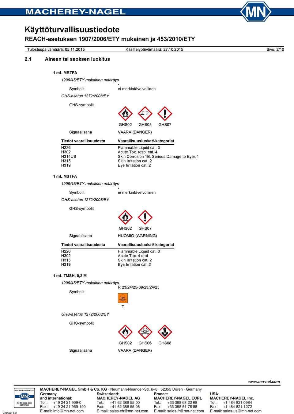 Vaarallisuusluokat/kategoriat H226 Flammable Liquid cat. 3 H302 Acute Tox. resp. cat. 4 H314US Skin Corrosion 1B. Serious Damage to Eyes 1 H315 Skin Irritation cat.