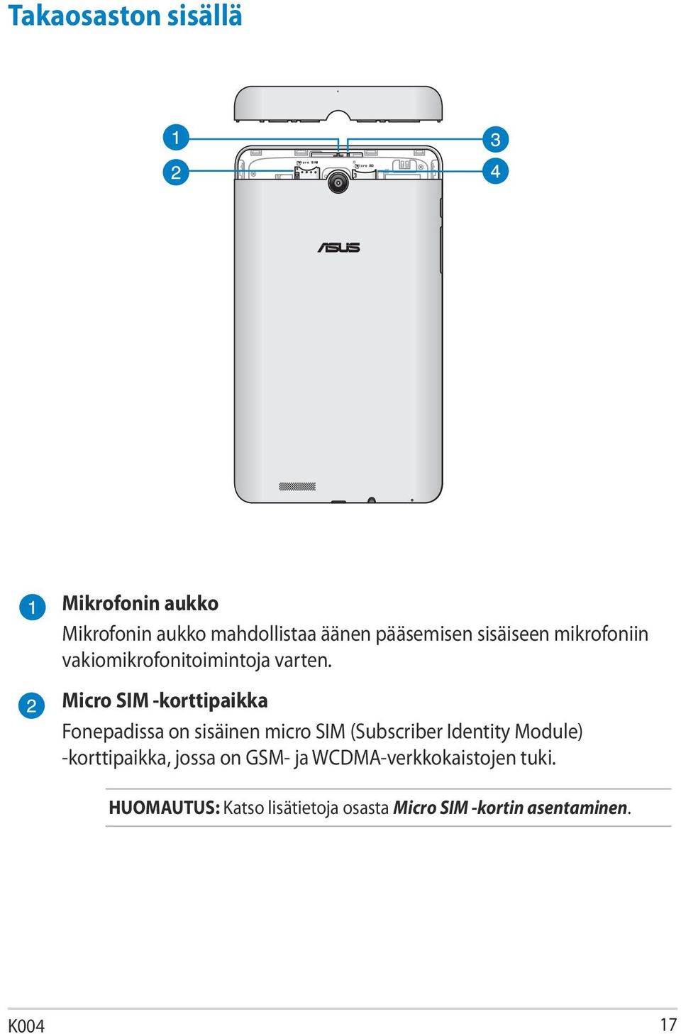 Micro SIM -korttipaikka Fonepadissa on sisäinen micro SIM (Subscriber Identity Module)